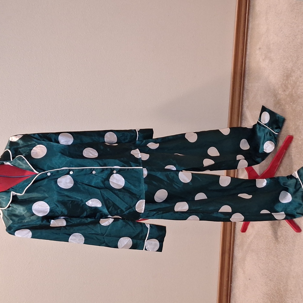 Nasty Gal Dark Green & White Polka Dot Pajama Set Size 2